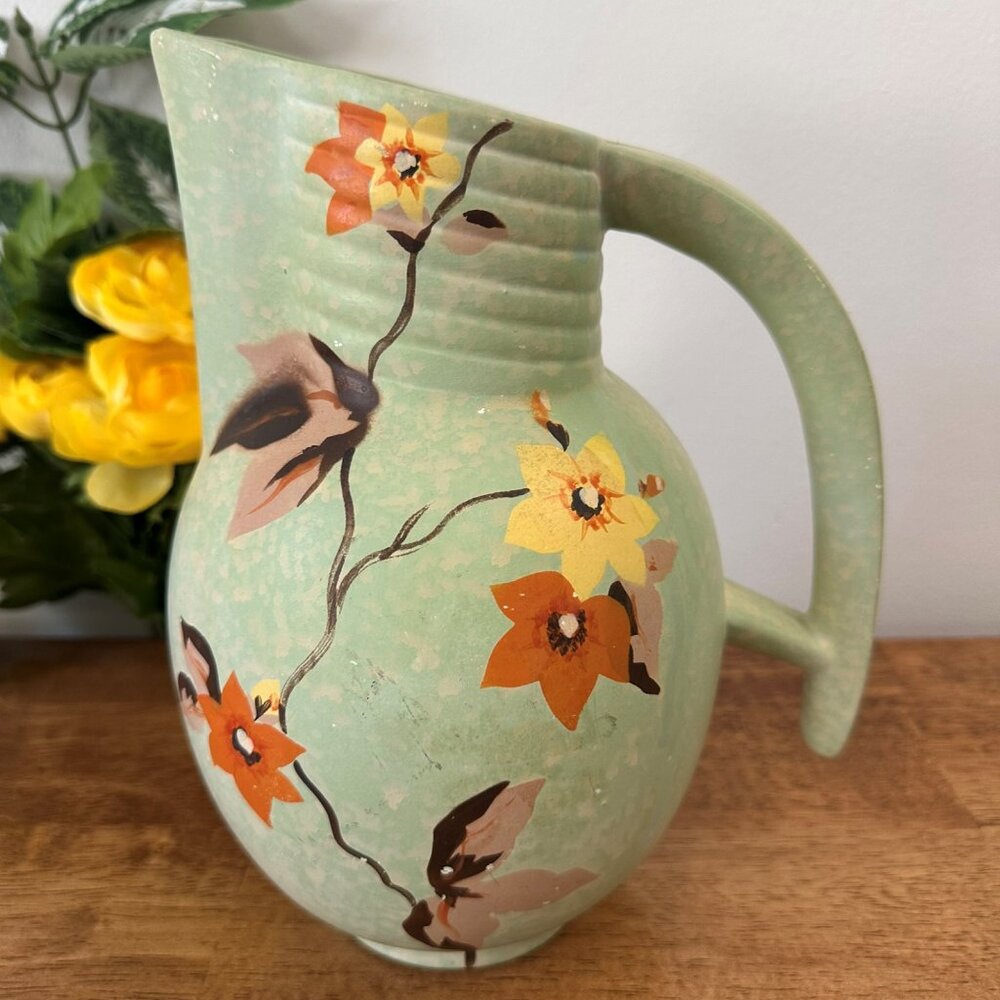 Vintage Denham England Pottery Pitcher Green Floral Hand Painted 1930s Matte